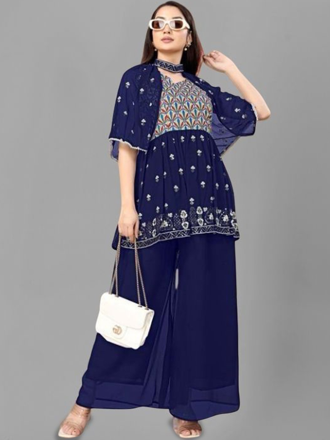 

PARROT CREATION Floral Embroidered Georgette V-Neck Kurti With Palazzos & Jacket, Navy blue