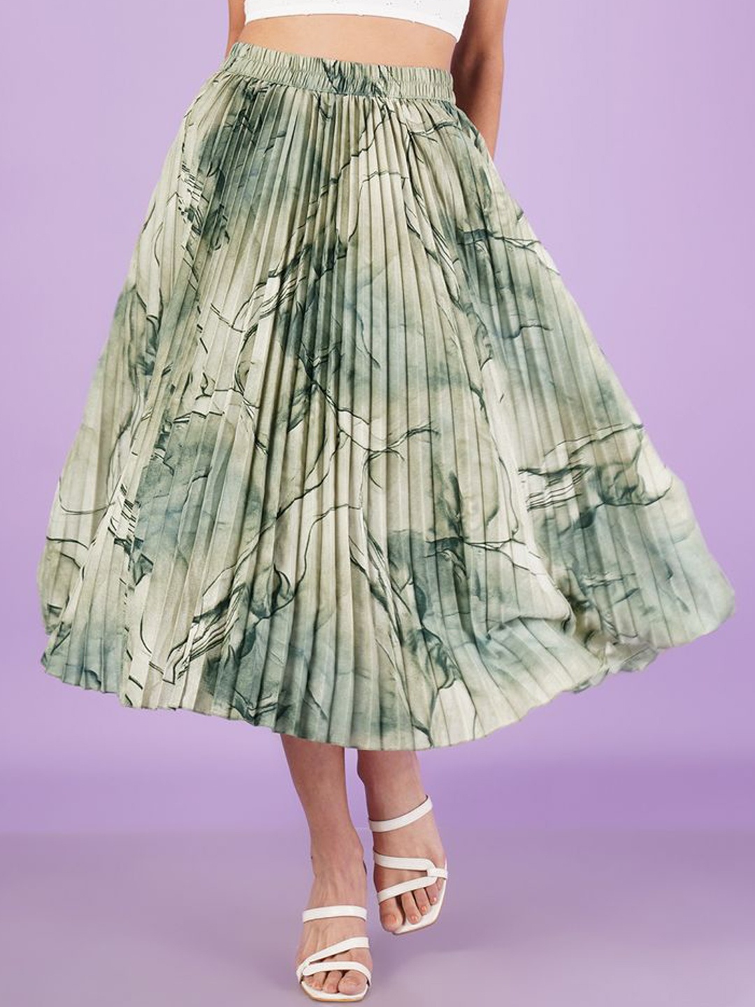 

ZWERLON Women Abstract Printed Pleated A-Line Midi Skirt, Green