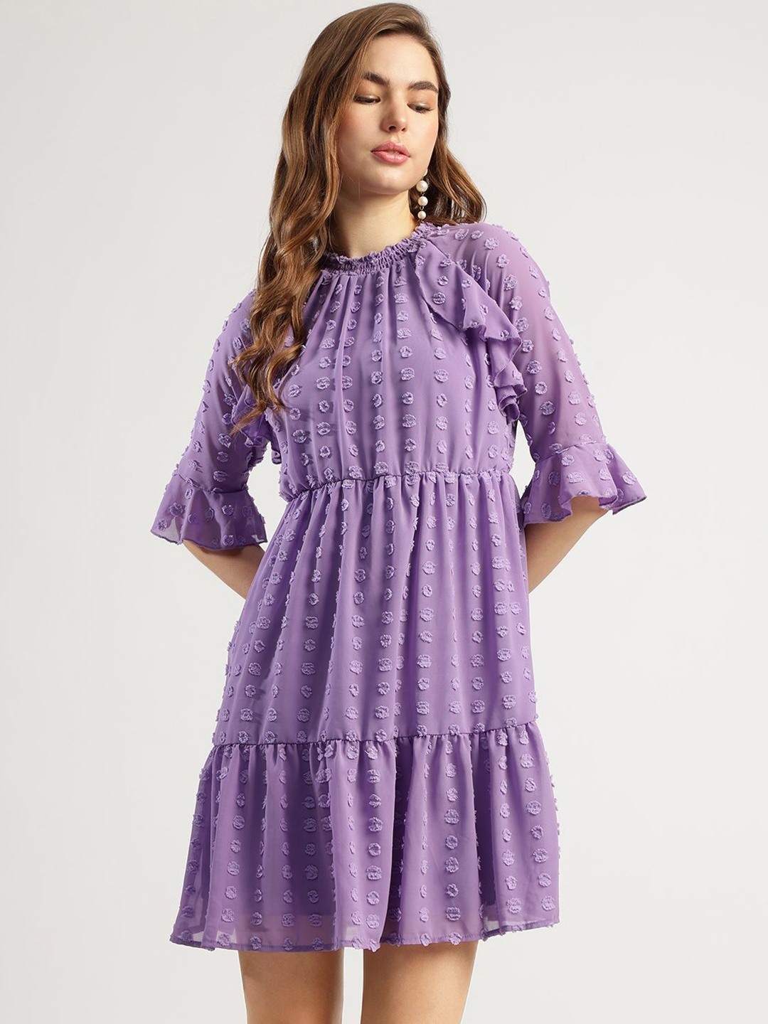 

Louis Bayrad Self Design Mock Neck Frills Detail Georgette Fit & Flare Dress, Purple