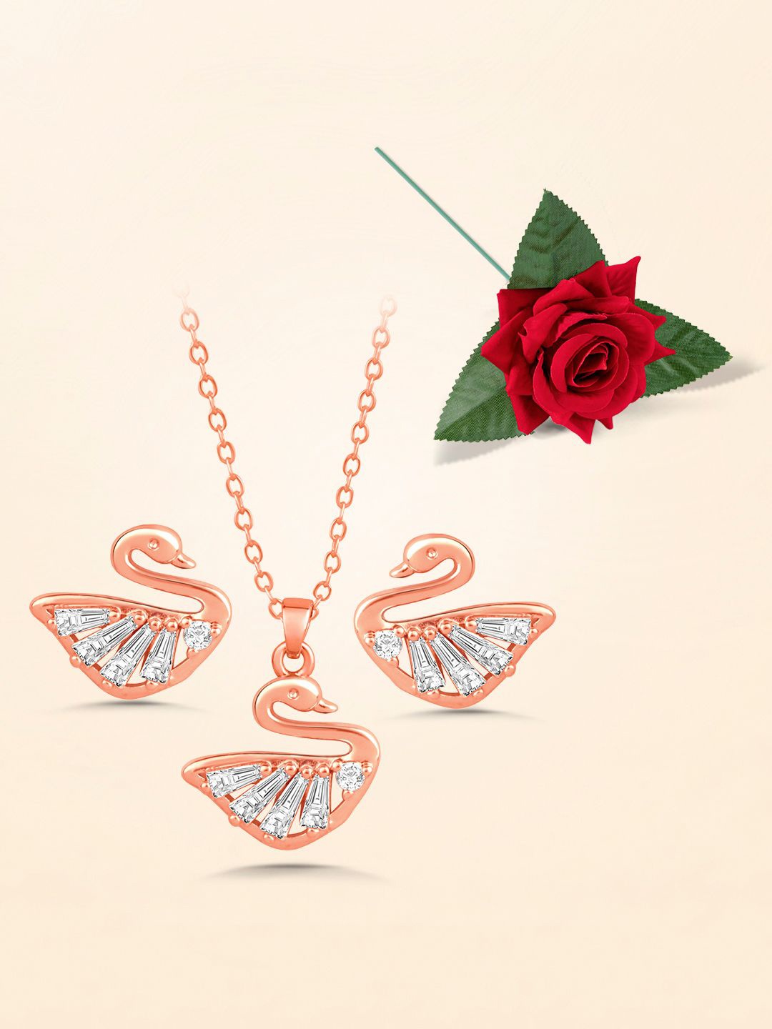 

Peora Gold Plated Artificial Stones Studded Swan Pendant and Earrings With Rose, Rose gold