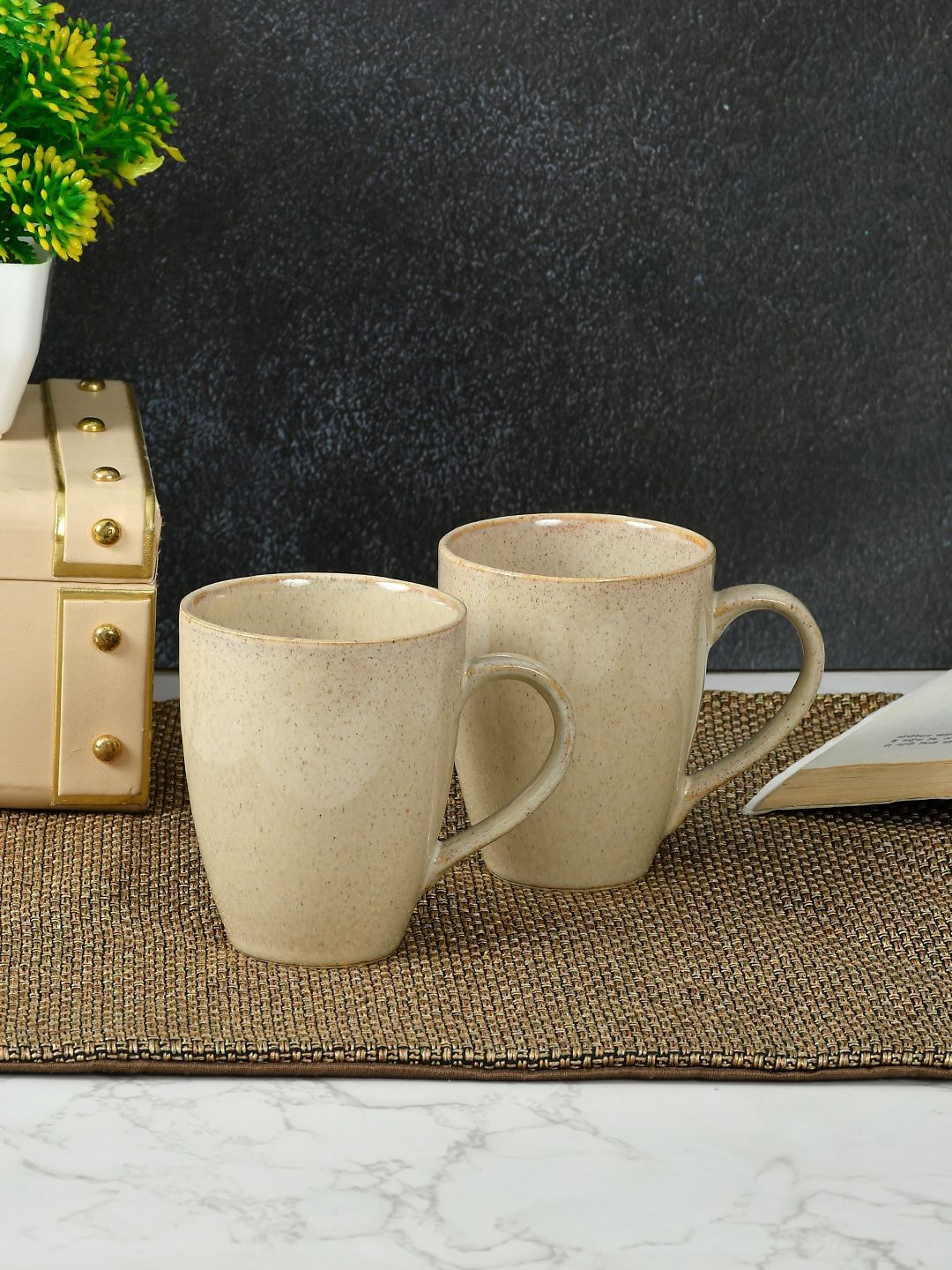 

CLIO'S HERITAGE STORE Beige 2 Pieces Printed Glossy Ceramic Cups 300 ml