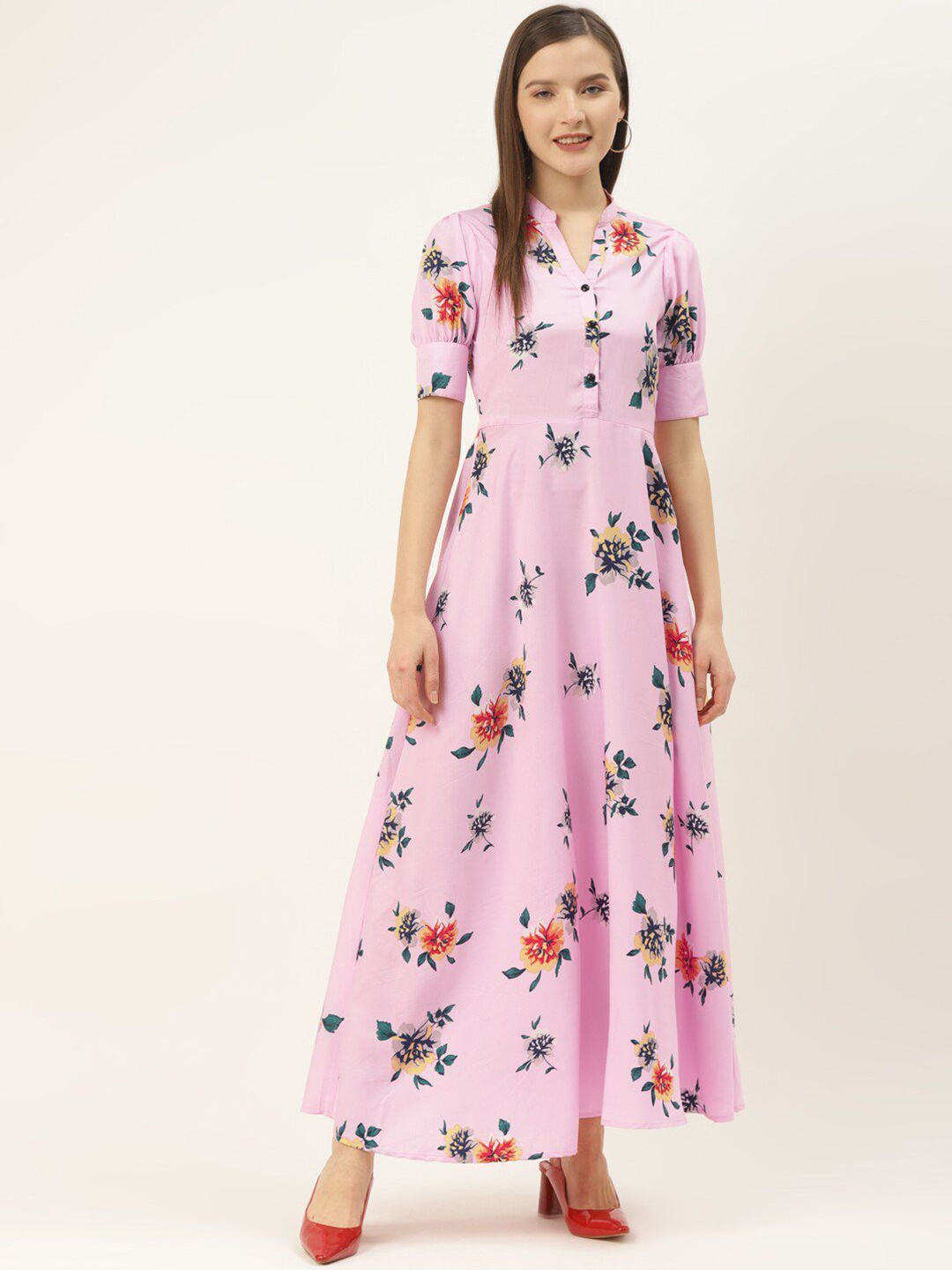 

DressBerry Floral Print Mandarin Collar Cuffed Sleeves Fit & Flare Maxi Dress, Pink
