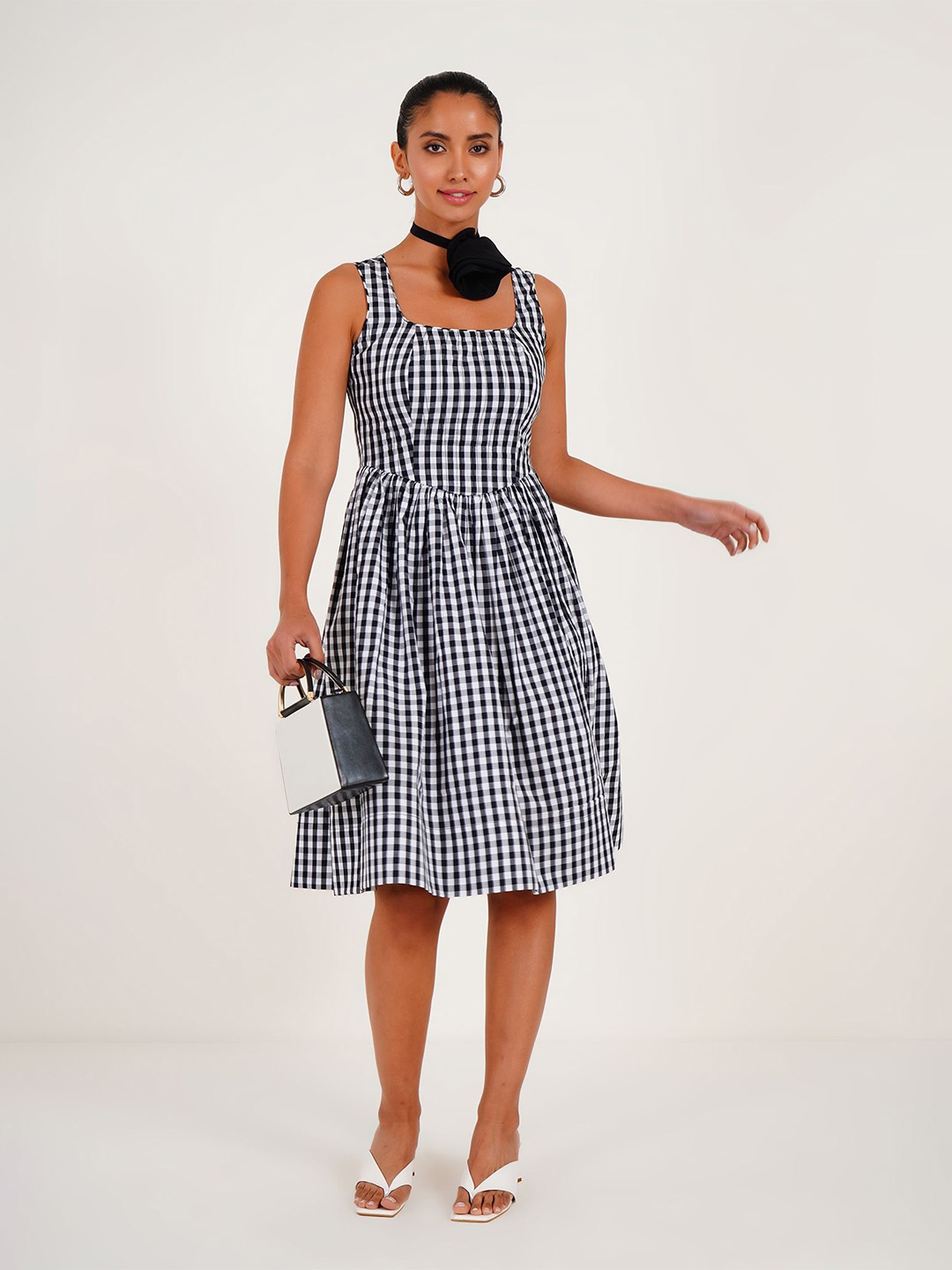 

Western Era Women Cotton Checked Square Neck Fit & Flare Dress, Black