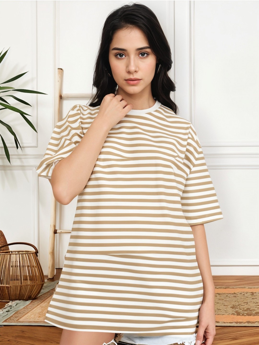 

MACK JONNEY Women Striped Round Neck Cotton Oversized T-shirt, Tan