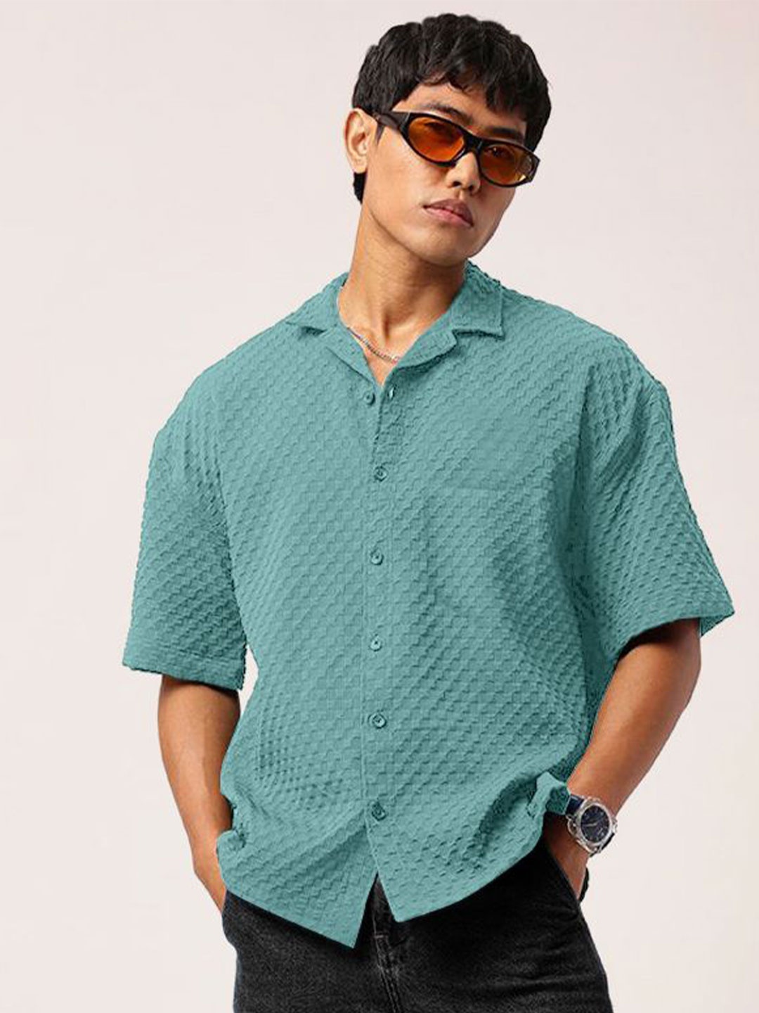 

Moda Rapido Men Standard Fit Cuban Collar Textured Casual Shirt, Teal