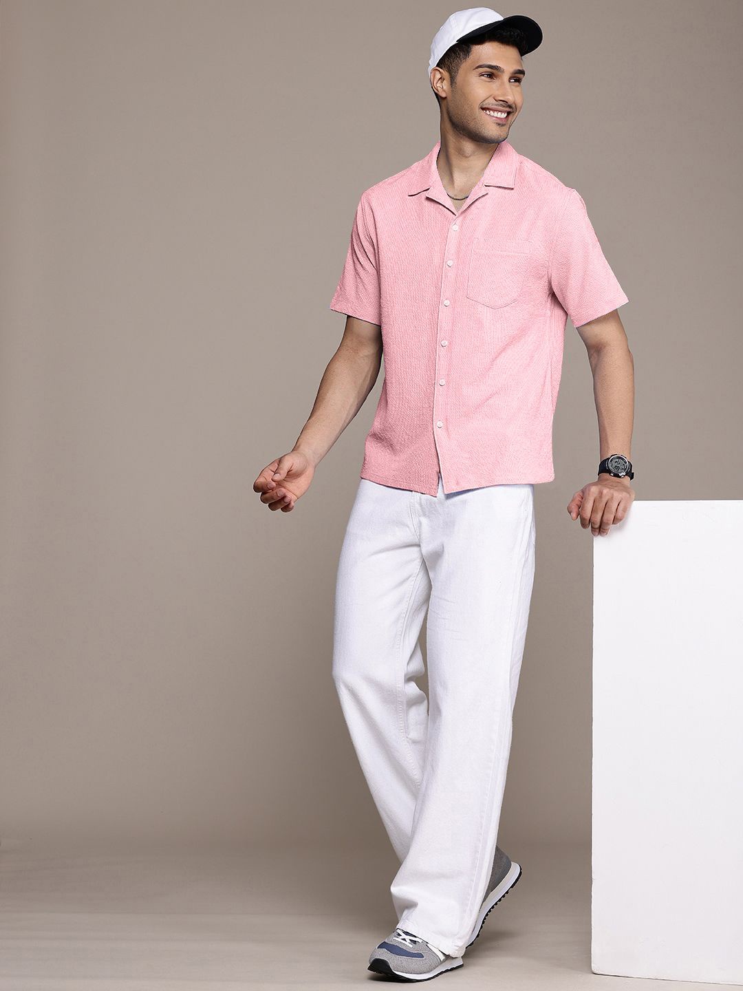 

Moda Rapido Men Standard Fit Cuban Collar Textured Casual Shirt, Pink