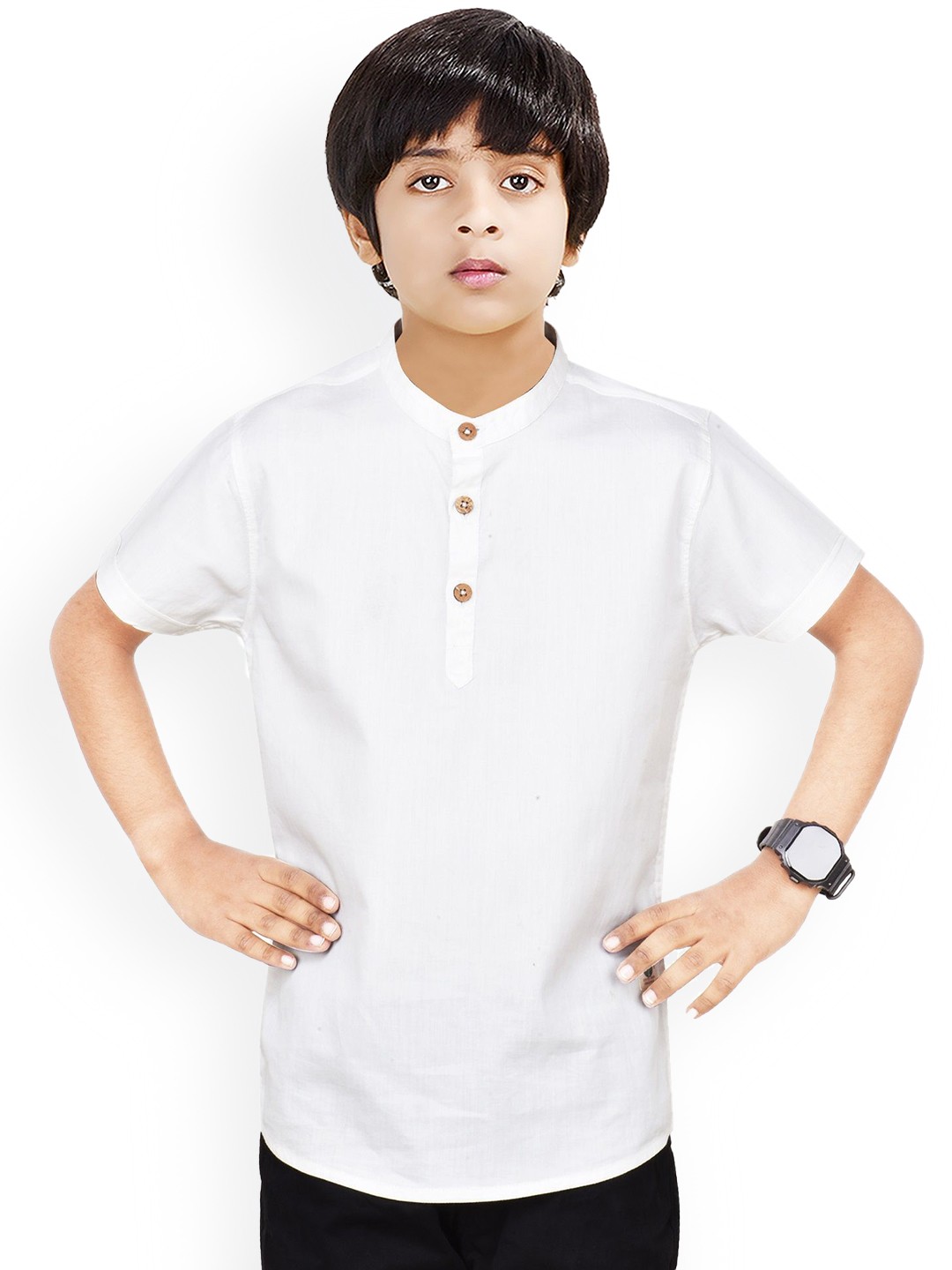 

MADE IN THE SHADE Boys Band Collar Cotton Straight Kurta, White