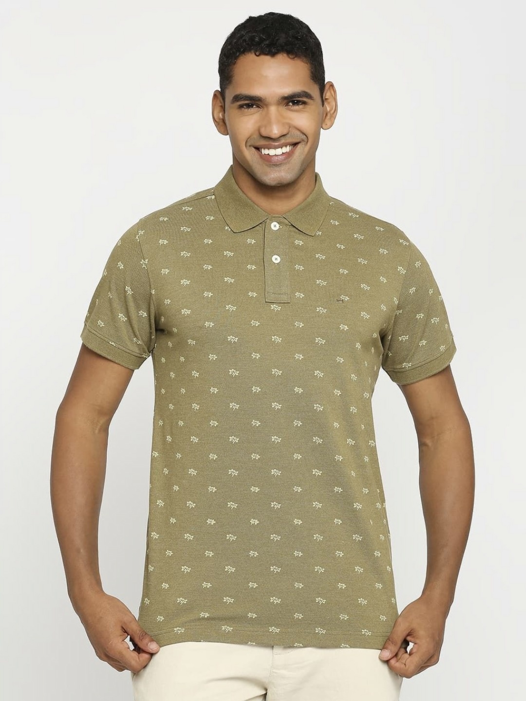 

Basics Men Floral Printed Polo Collar Cotton T-shirt, Olive