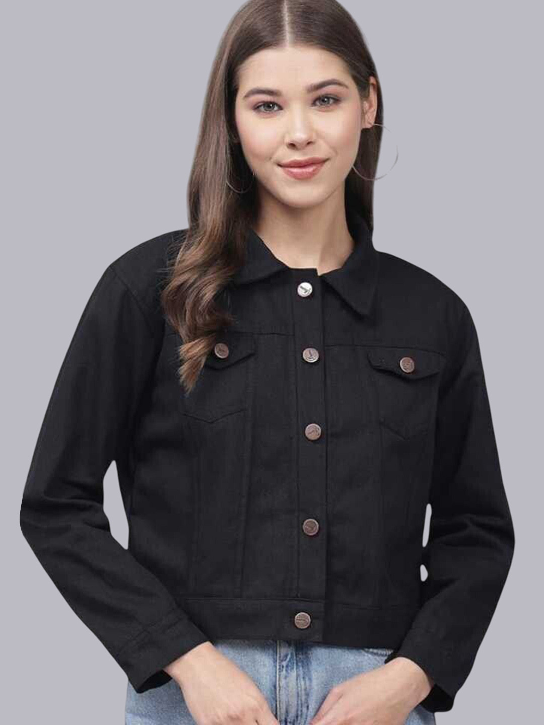 

KASHIAN Women Spread Collar Solid Casual Denim Jacket, Black