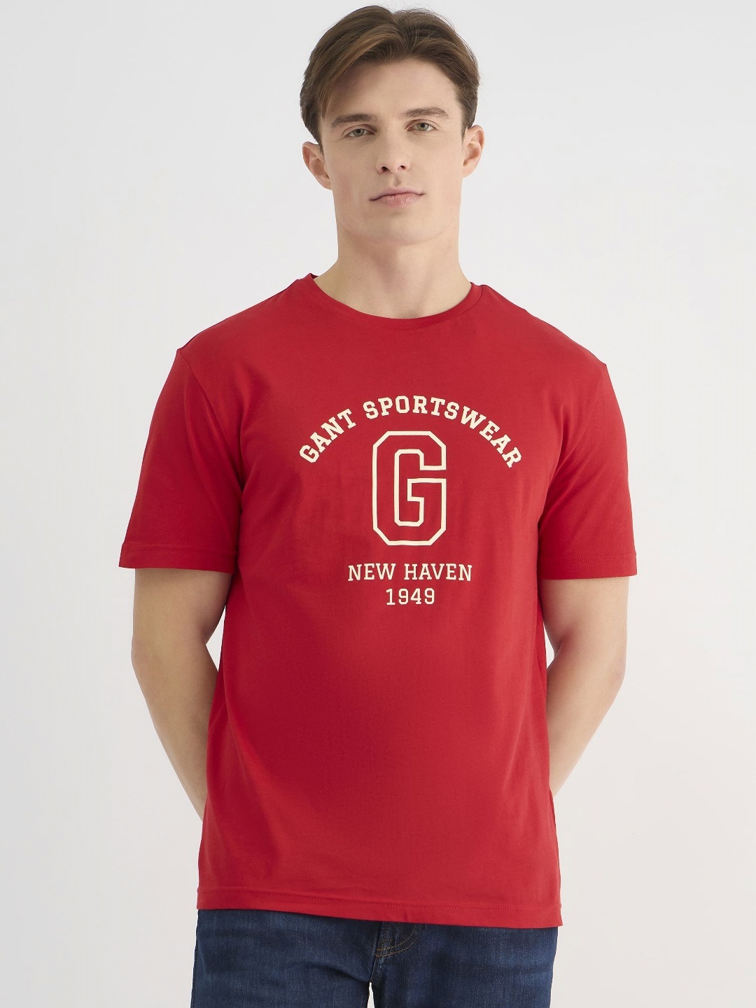 

GANT Men Typography Printed Pure Cotton Applique T-shirt, Red