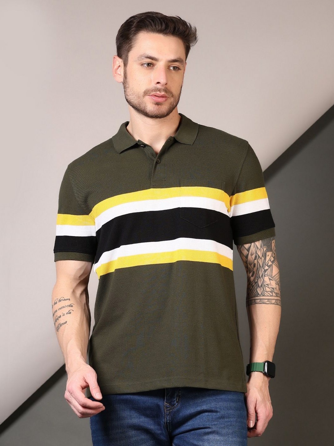 

V-Mart Men Striped Polo Collar Cotton T-shirt, Green