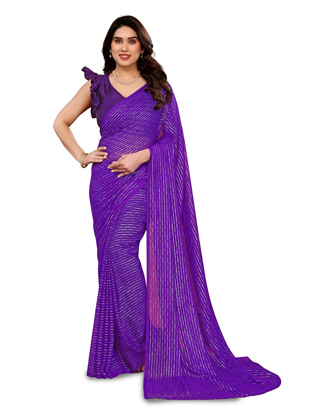 

Moda Rapido Striped Poly Georgette Saree, Purple