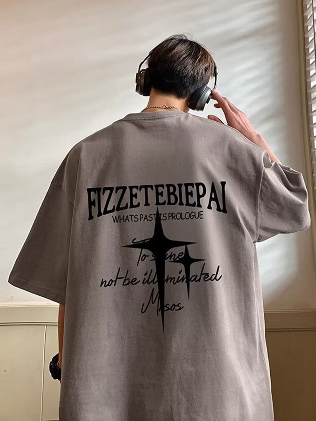 

HERE&NOW Men Typography Printed Round Neck Cotton Oversized T-shirt, Grey
