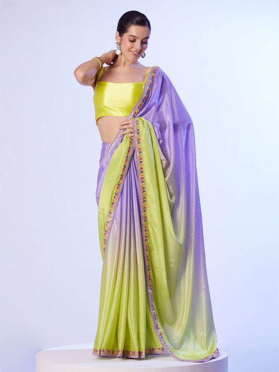 

Odette Lavender And Yellow Chinon Lace Work Saree With Unstitched Blouse For Women