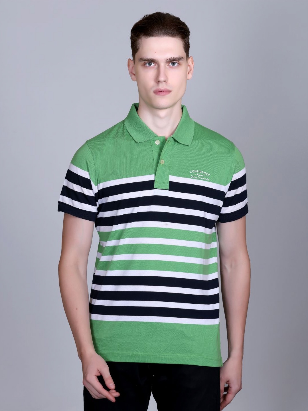 

CONFIDENCE Men Striped Polo Collar Cotton Slim Fit T-shirt, Green