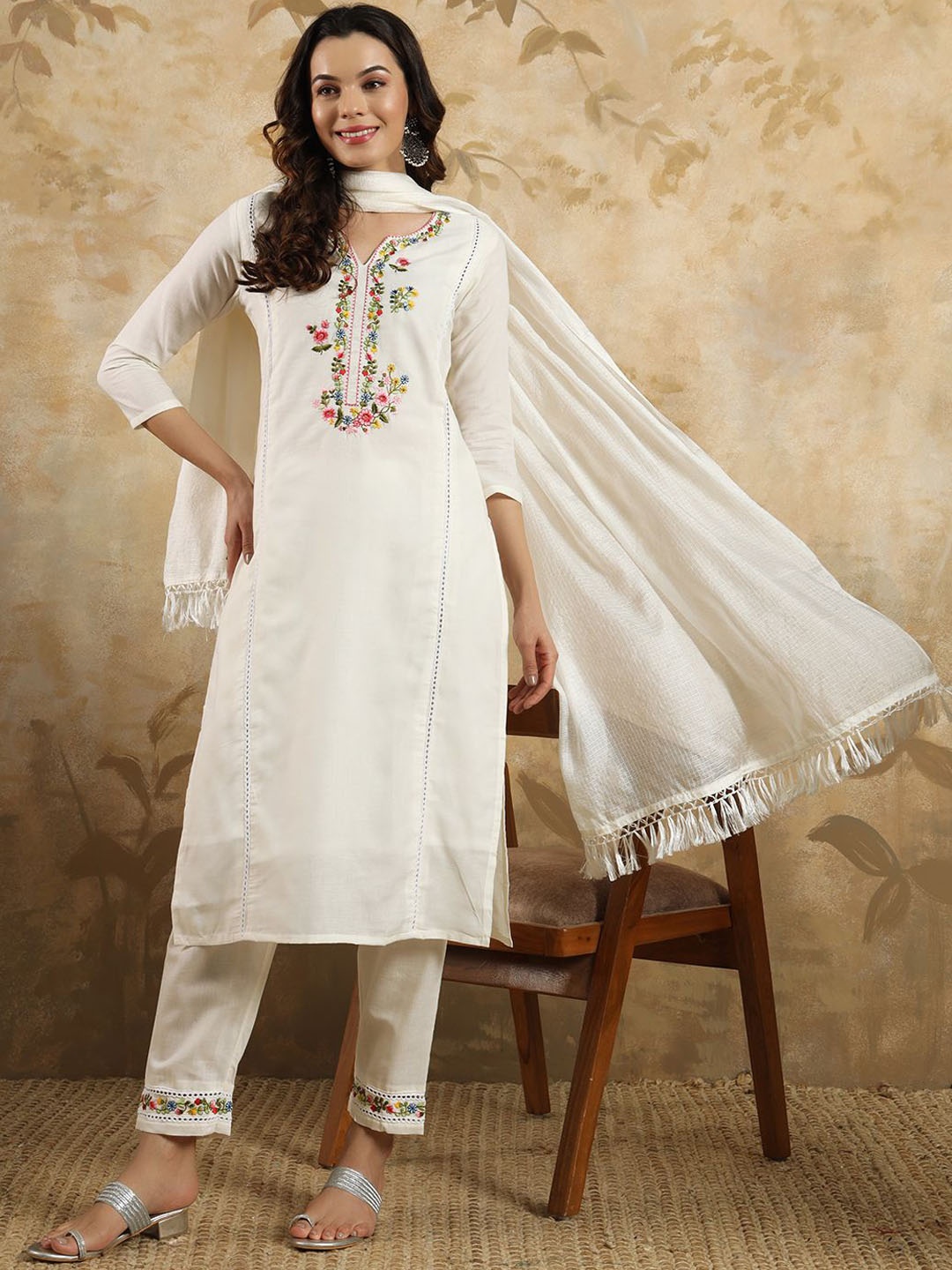 

Navlik Floral Embroidered Notch Neck Straight Kurta with Trousers & Dupatta, White