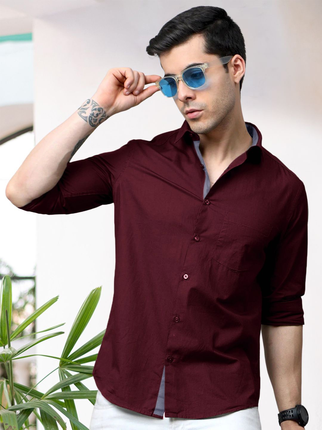 

Moda Rapido Men Standard Fit Spread Collar Solid Cotton Casual Shirt, Maroon
