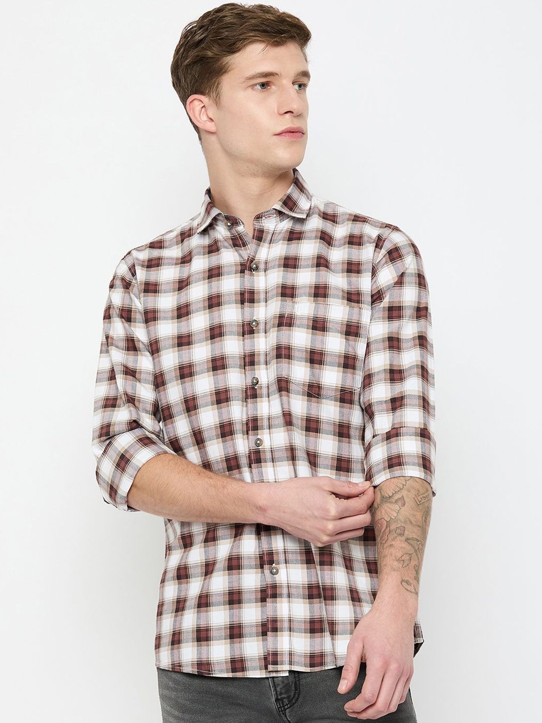 

Duke Men Slim Fit Gingham Checks Opaque Checked Casual Shirt, Brown