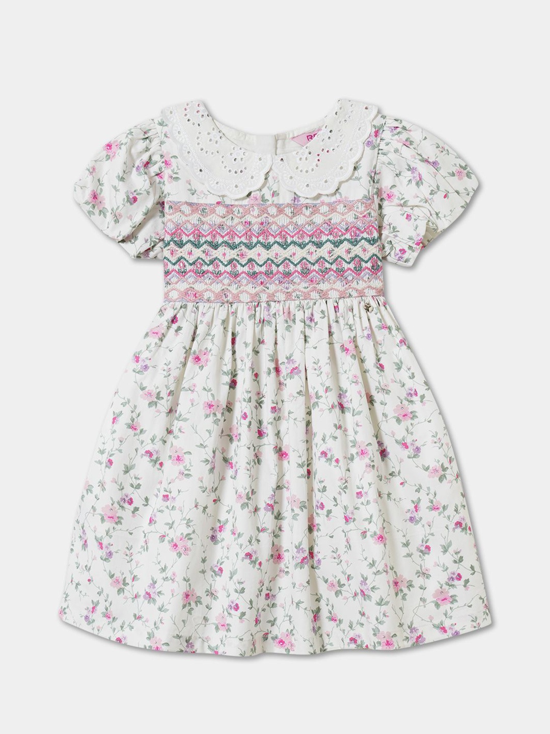 

R&B Girls Floral Printed Puff Sleeves Fit & Flare Dress, White