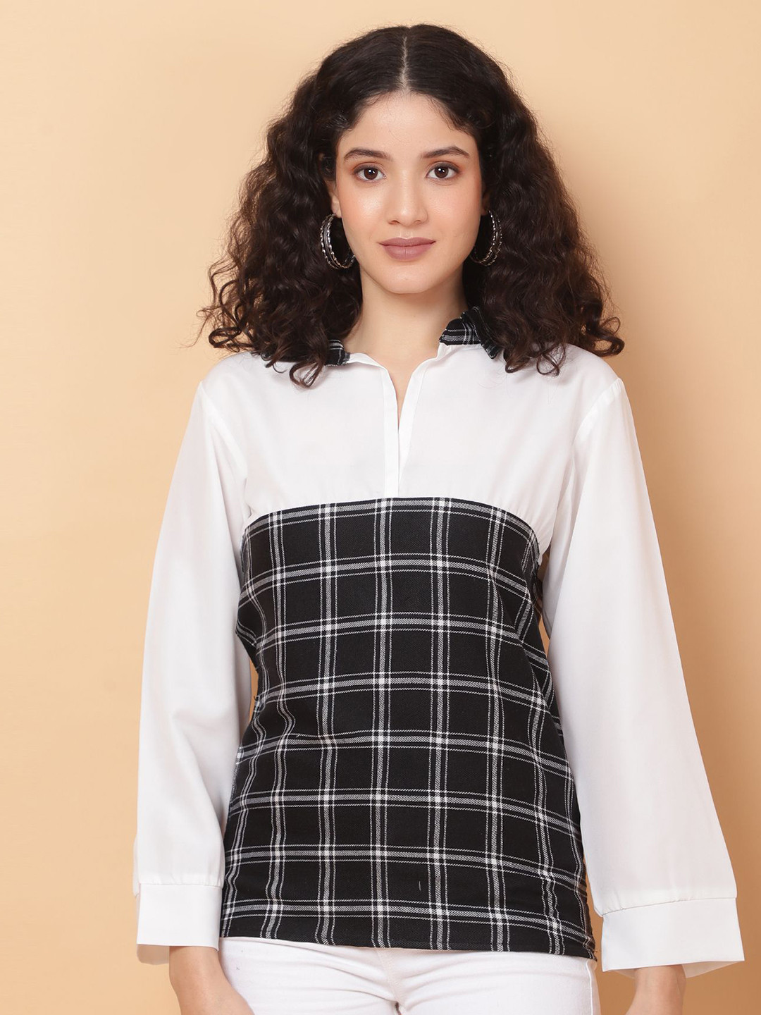 

ROSEMELON Women Checked Shirt Collar Shirt Style Top, Black