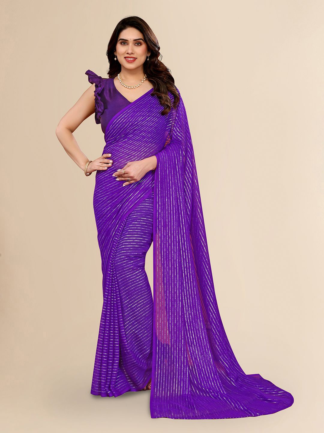 

Moda Rapido Striped Poly Georgette Saree, Purple