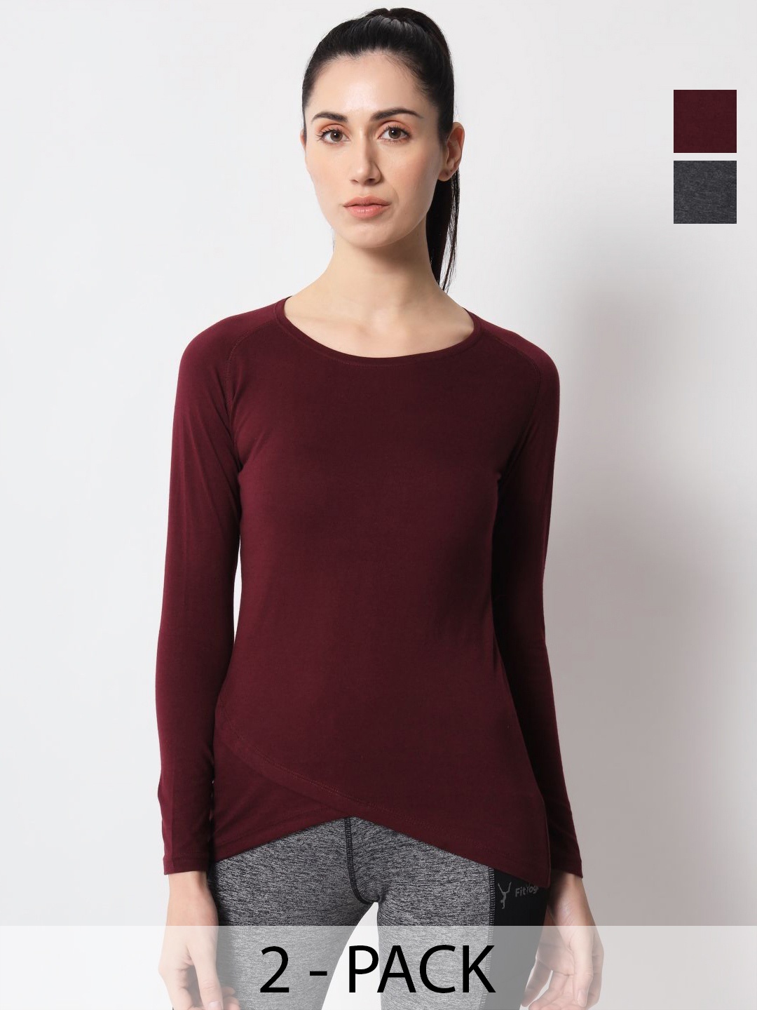 

appulse Women Pack Of 2 Solid Round Neck Cotton Slim Fit T-shirts, Burgundy