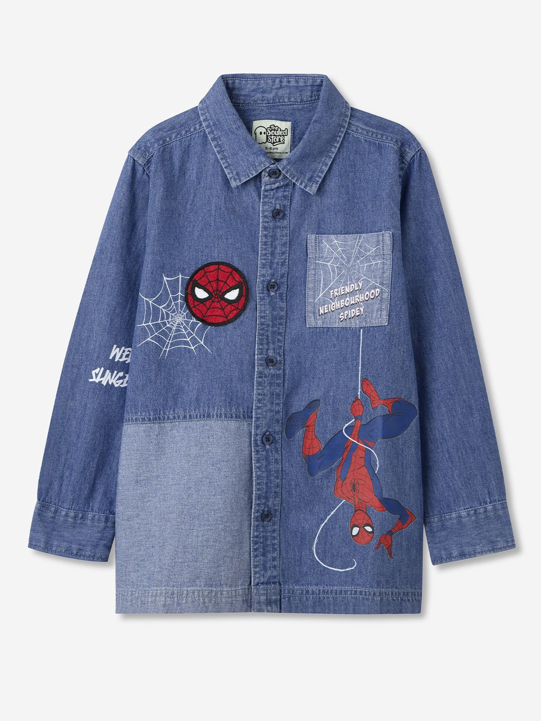 

The Souled Store Boys Spider Man Web Slinger Opaque Printed Casual Cotton Denim Shirt, Blue