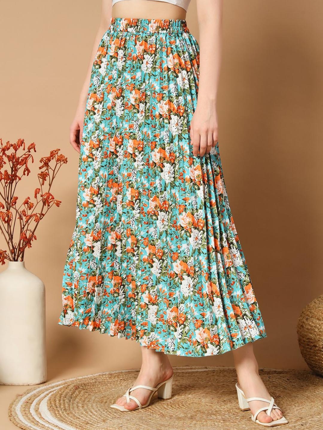 

ZWERLON Floral Printed Pleated A-Line Maxi Skirt, Blue