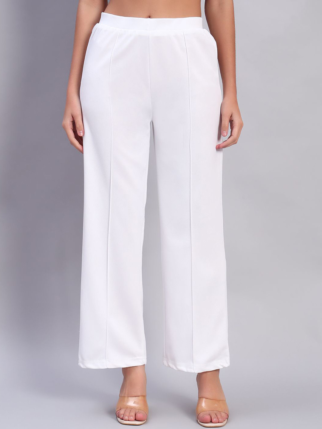 

DIZON Women Striped Original Straight Fit Easy Wash Trousers, White