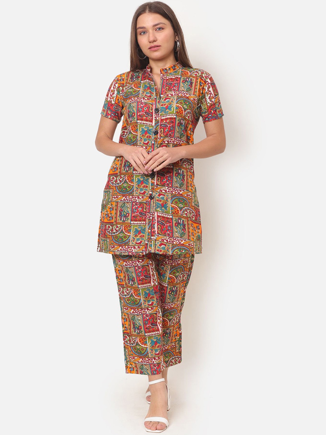 

ROSEMELON Ethnic Motifs Printed Mandarin Collar Tunic With Trouser, Mustard