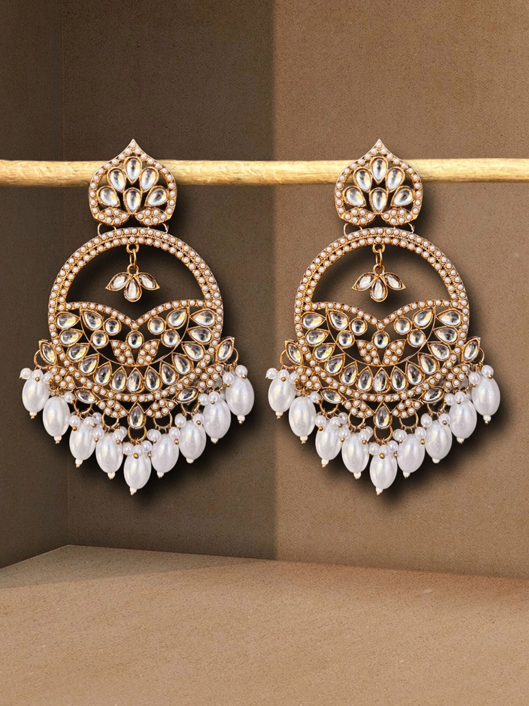 

UnfoldSelf Gold-Plated Kundan Stone Studded & Pearls Beaded Chandbalis