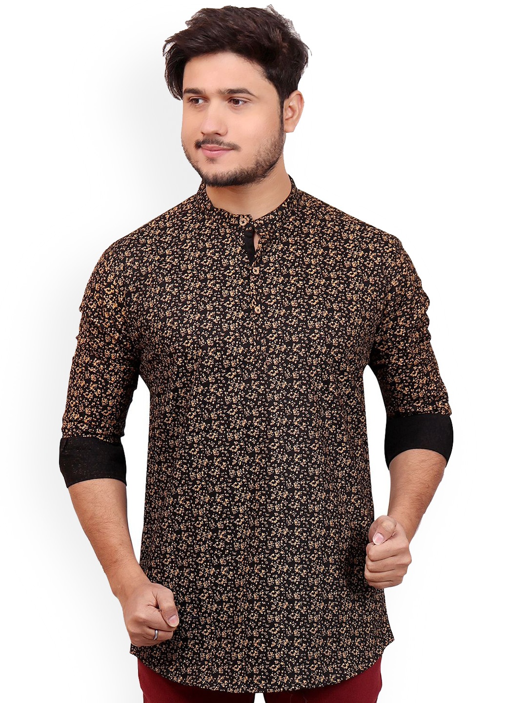 

MADE IN THE SHADE Geometric Printed Band Collar Cotton Straight Short Kurta, Black