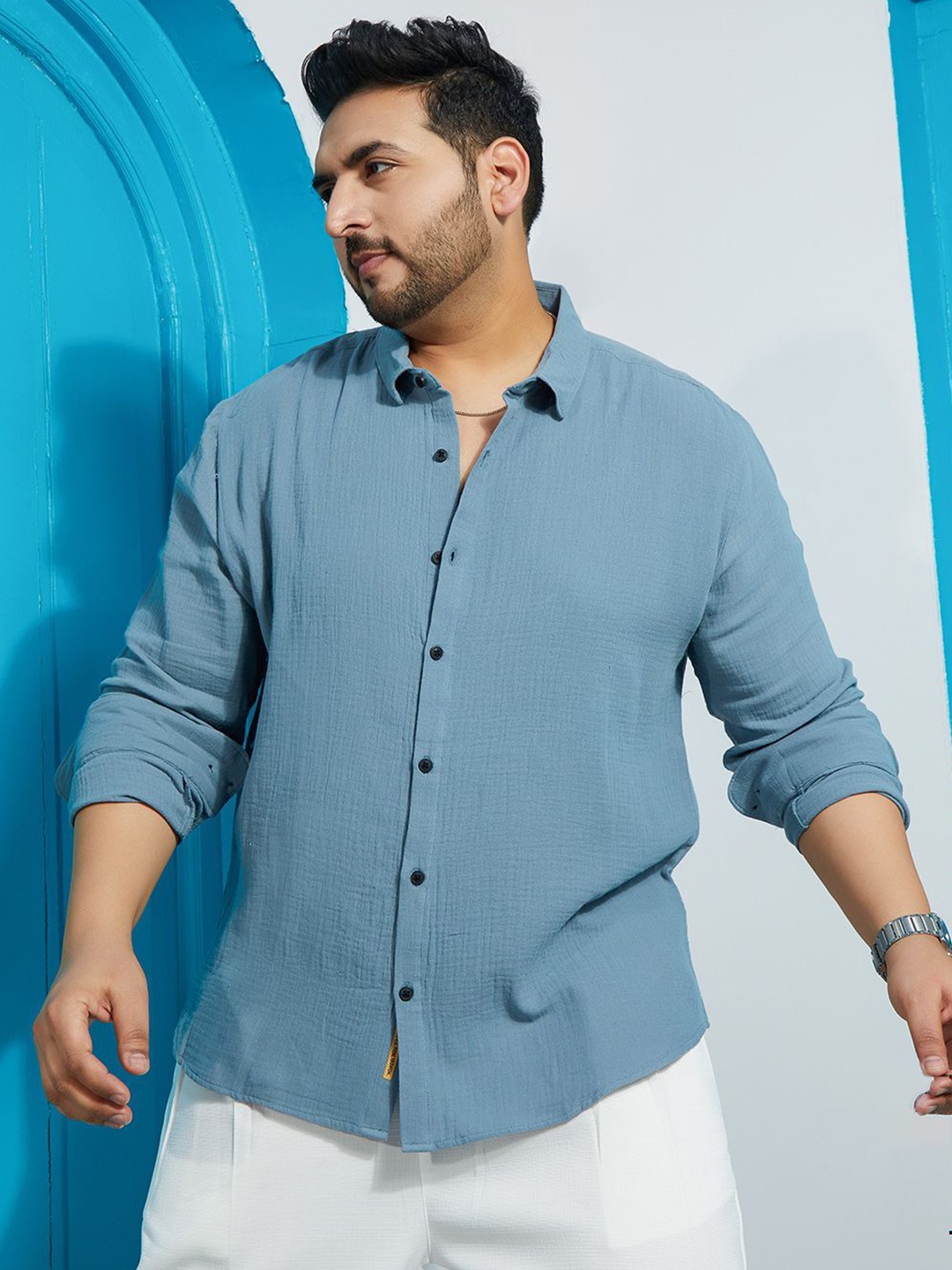 

Instafab Plus Men Comfort Fit Spread Collar Textured Cotton Casual Shirt, Blue