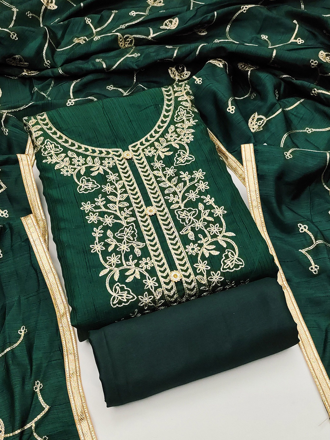 

MANVAA Floral Embroidered Unstitched Dress Material, Green