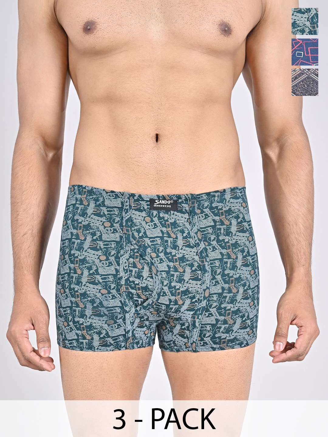 

SANDO Pack Of 3 Printed Pure Cotton Trunks GENIUS-02-06-08-Green&Grey&Royal Blue