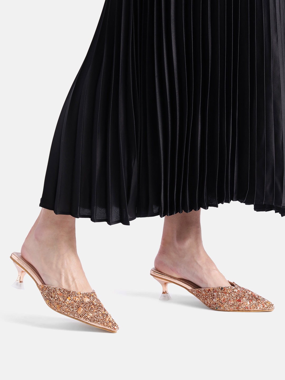 

AXIUM Embellished Ethnic Kitten Mules, Rose gold