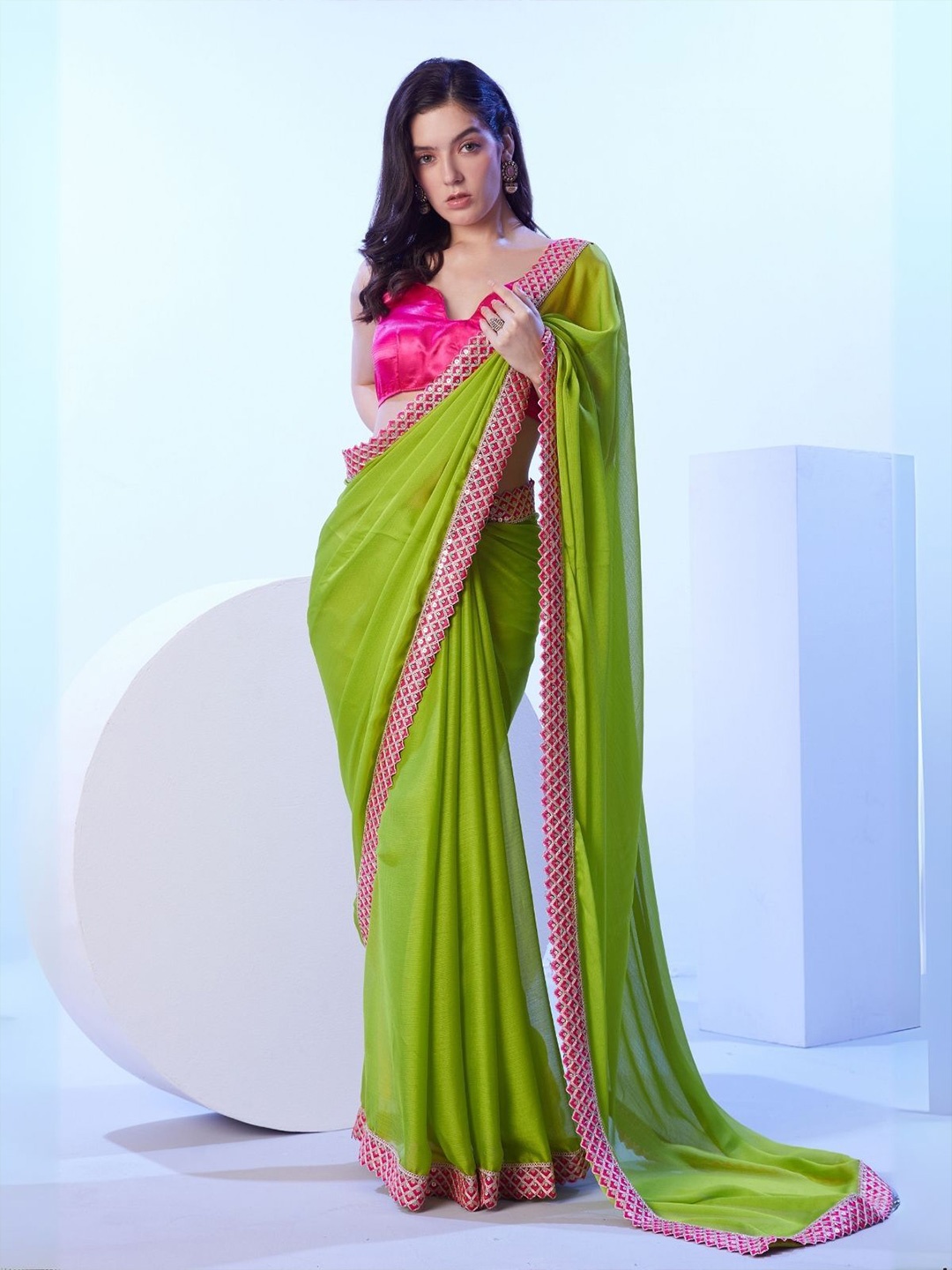 

Odette Green Georgette Lace Work Saree With Unstitched Blouse For Women