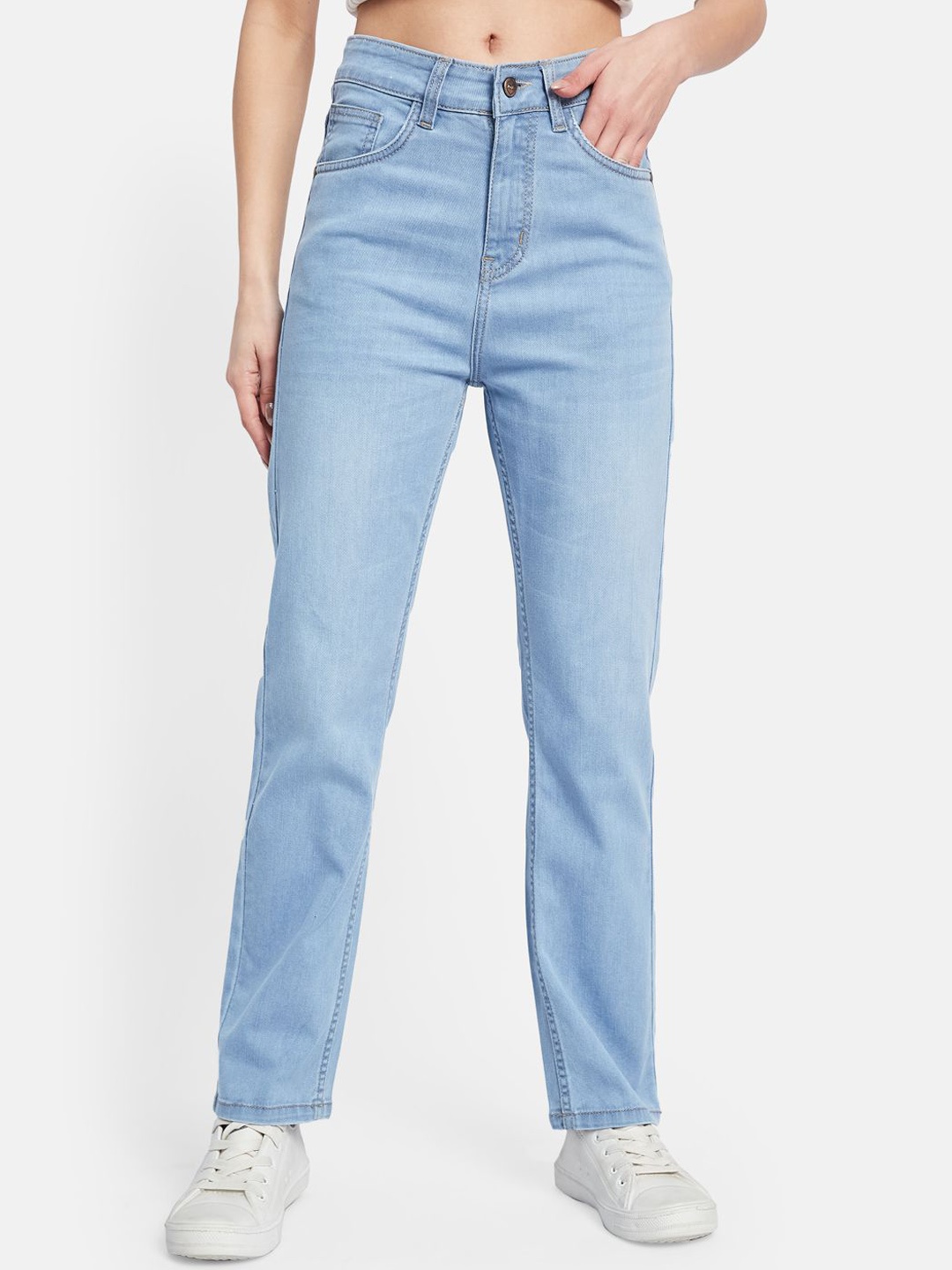 

METTLE Women Cotton Mid-Rise Light Fade Stretchable Jeans, Blue