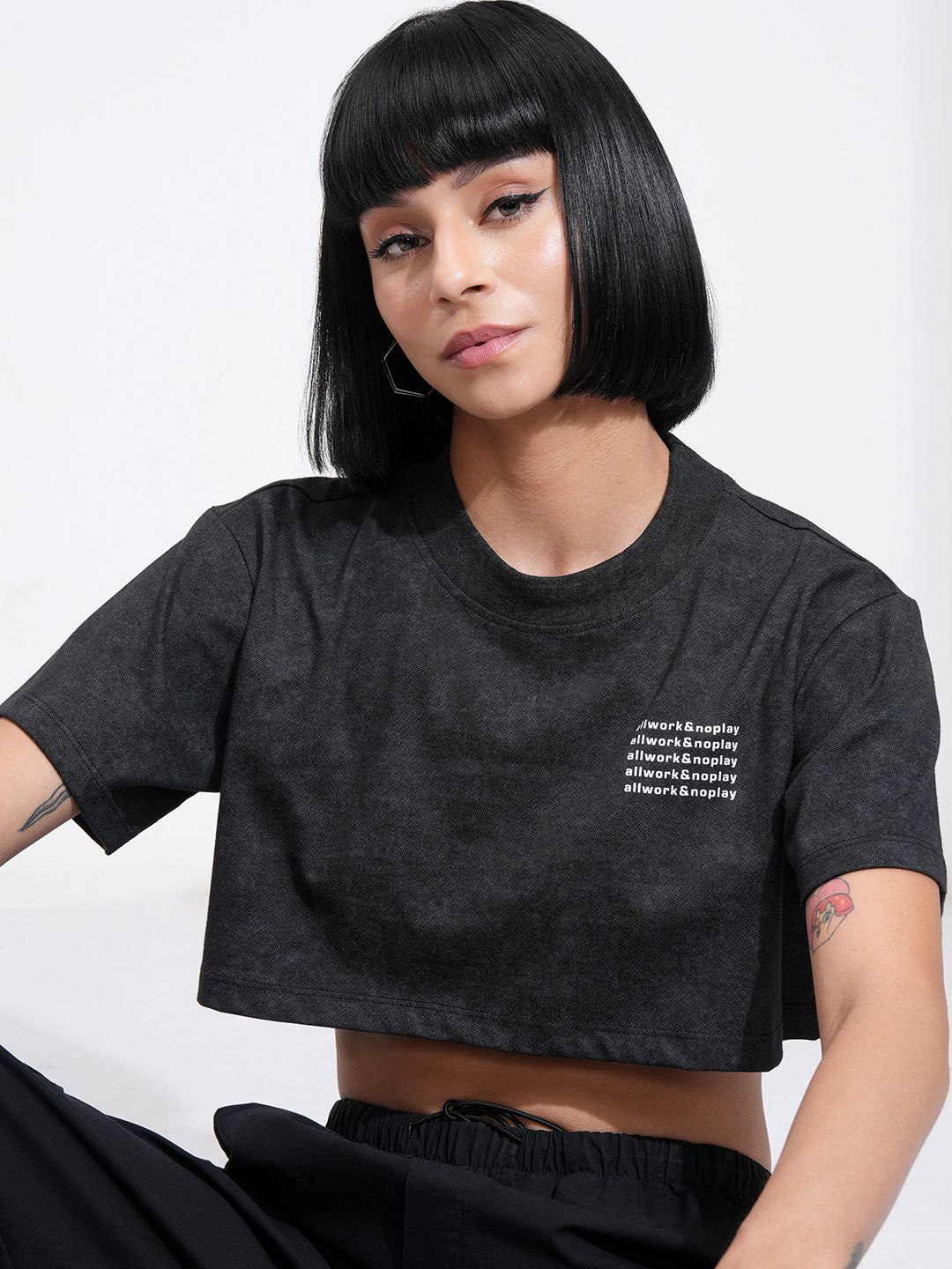 

Street By Tokyo Talkies Women Typography Printed Round Neck Cotton Top, Grey