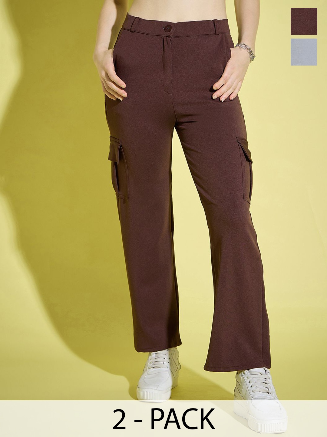 

BUY NEW TREND Women Pack of 2 Relaxed High-Rise Cargos Trousers, Coffee brown