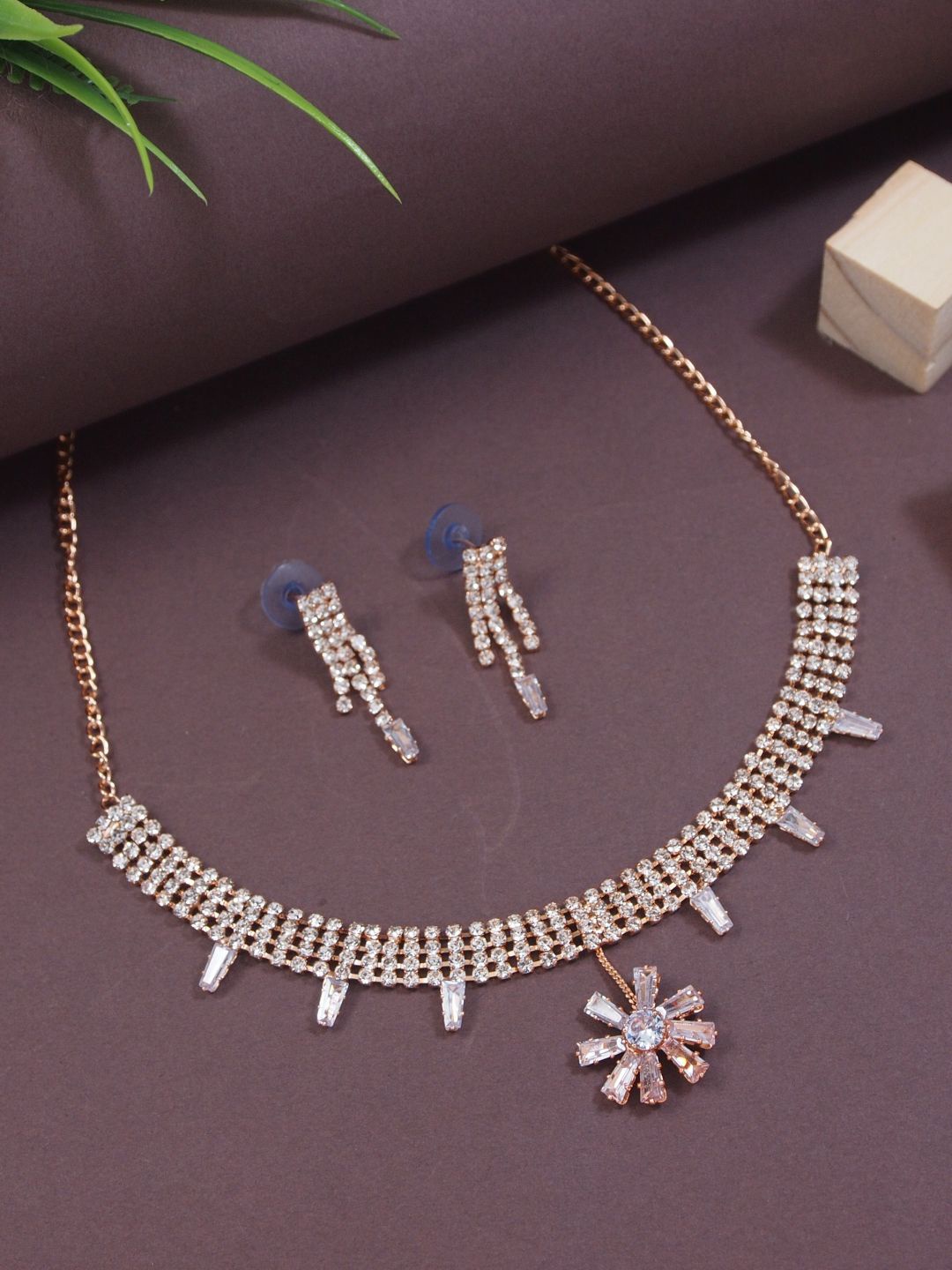 

I Jewels Rose Gold-Plated Artificial Stones Studded Jewellery Set