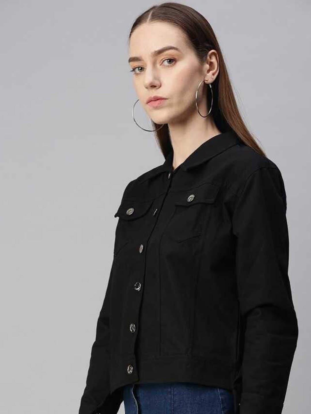 

KASHIAN Women Spread Collar Solid Casual Denim Jacket, Black