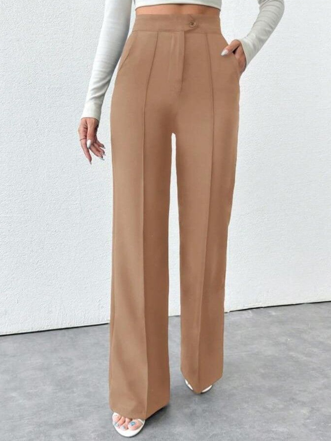 

Next One Women Smart Straight Fit High-Rise Easy Wash Pleated Trousers, Beige