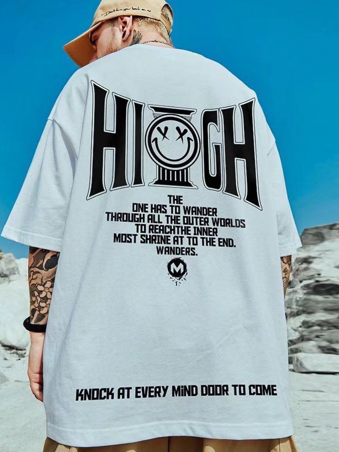 

HERE&NOW Men Typography Printed Round Neck Oversized T-shirt, White