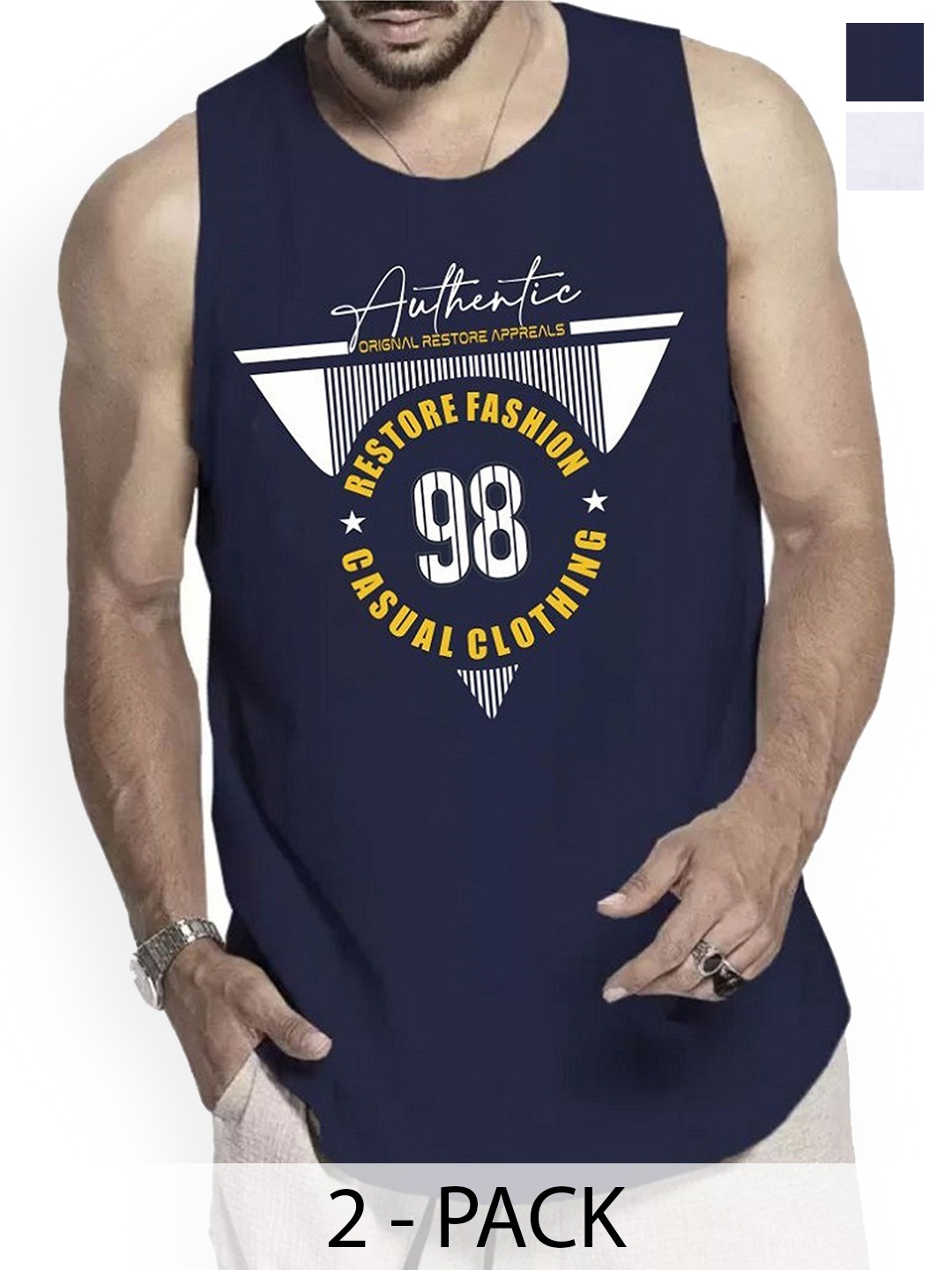

WOOSTRO Men Pack Of 2 Printed Sleeveless Innerwear Vests RS26 CMB, Navy blue