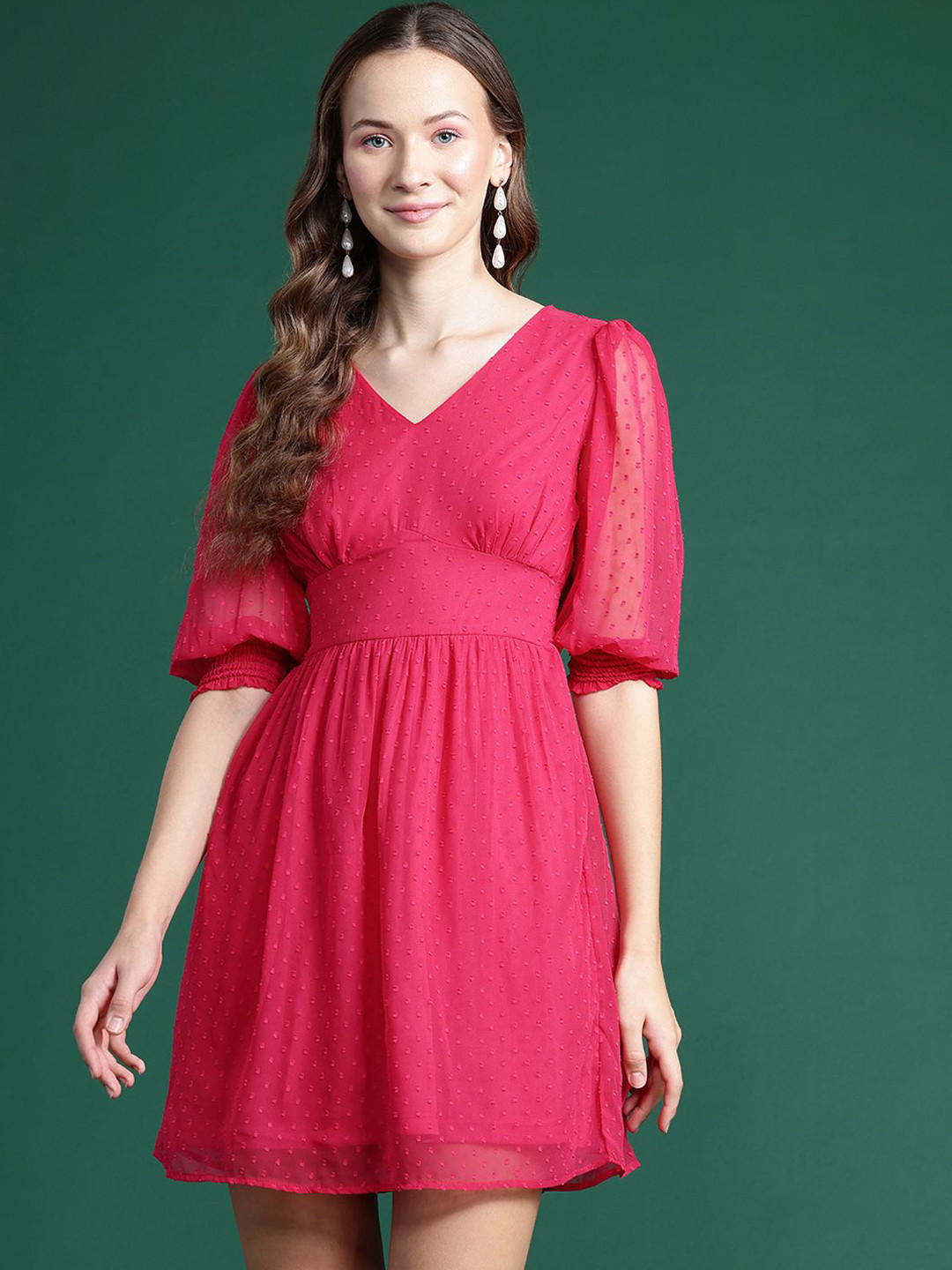 

Chemistry Women Puff Sleeves Fit & Flare Dress, Red