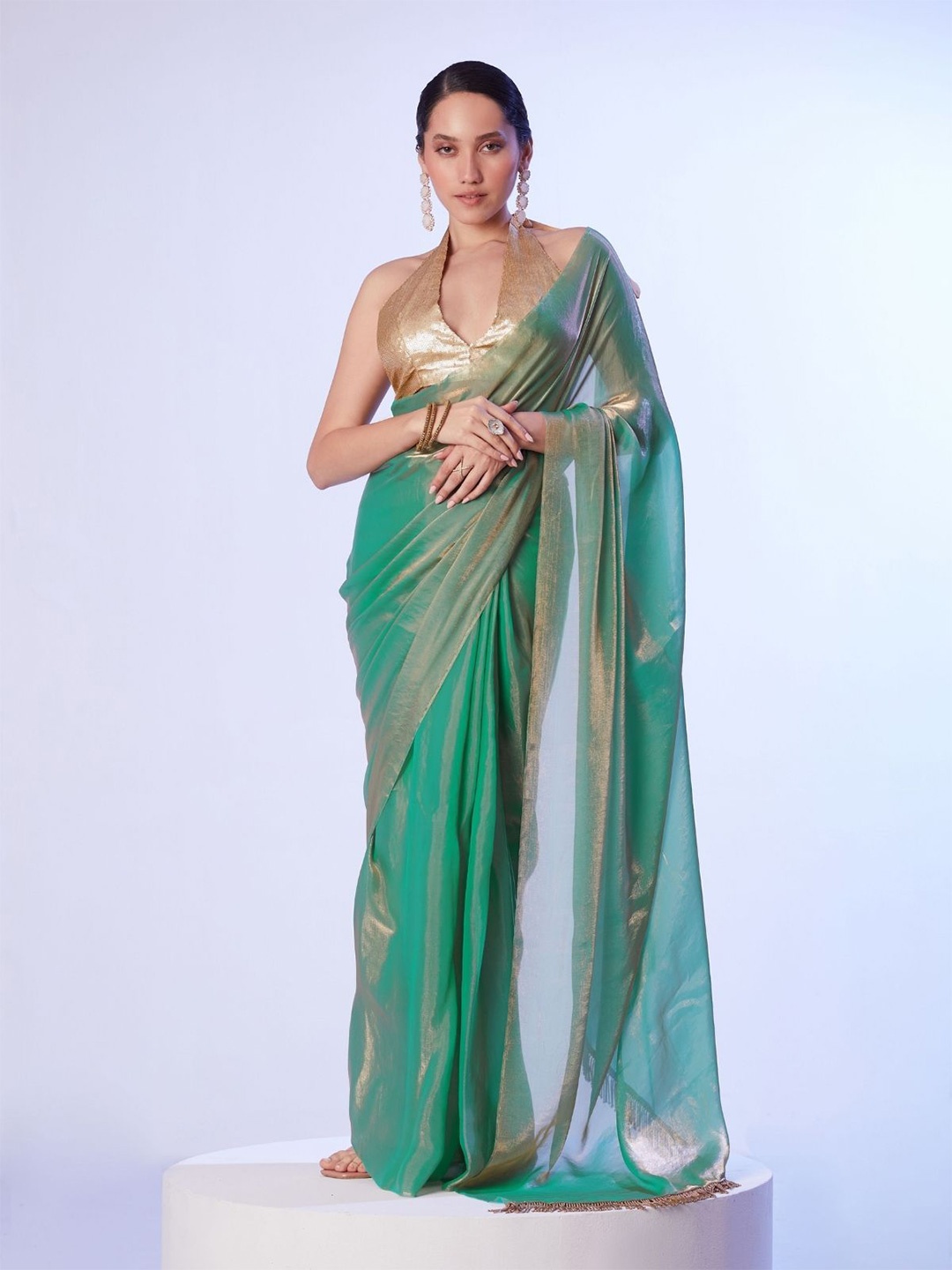 

ODETTE Green Gold Organza Beads Saree With Unstitched Blouse For Women