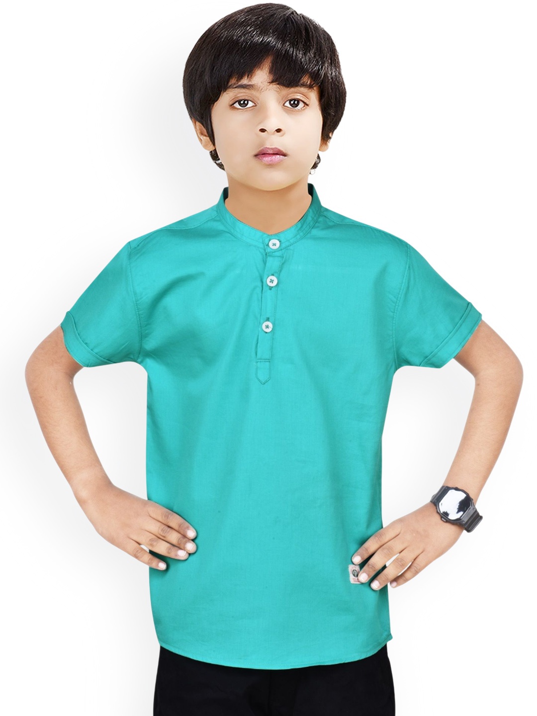 

MADE IN THE SHADE Boys Band Collar Pure Cotton Kurta, Green