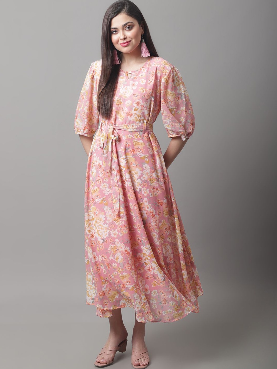 

Metronaut Women Floral Printed Fit & Flare Maxi Dress, Pink