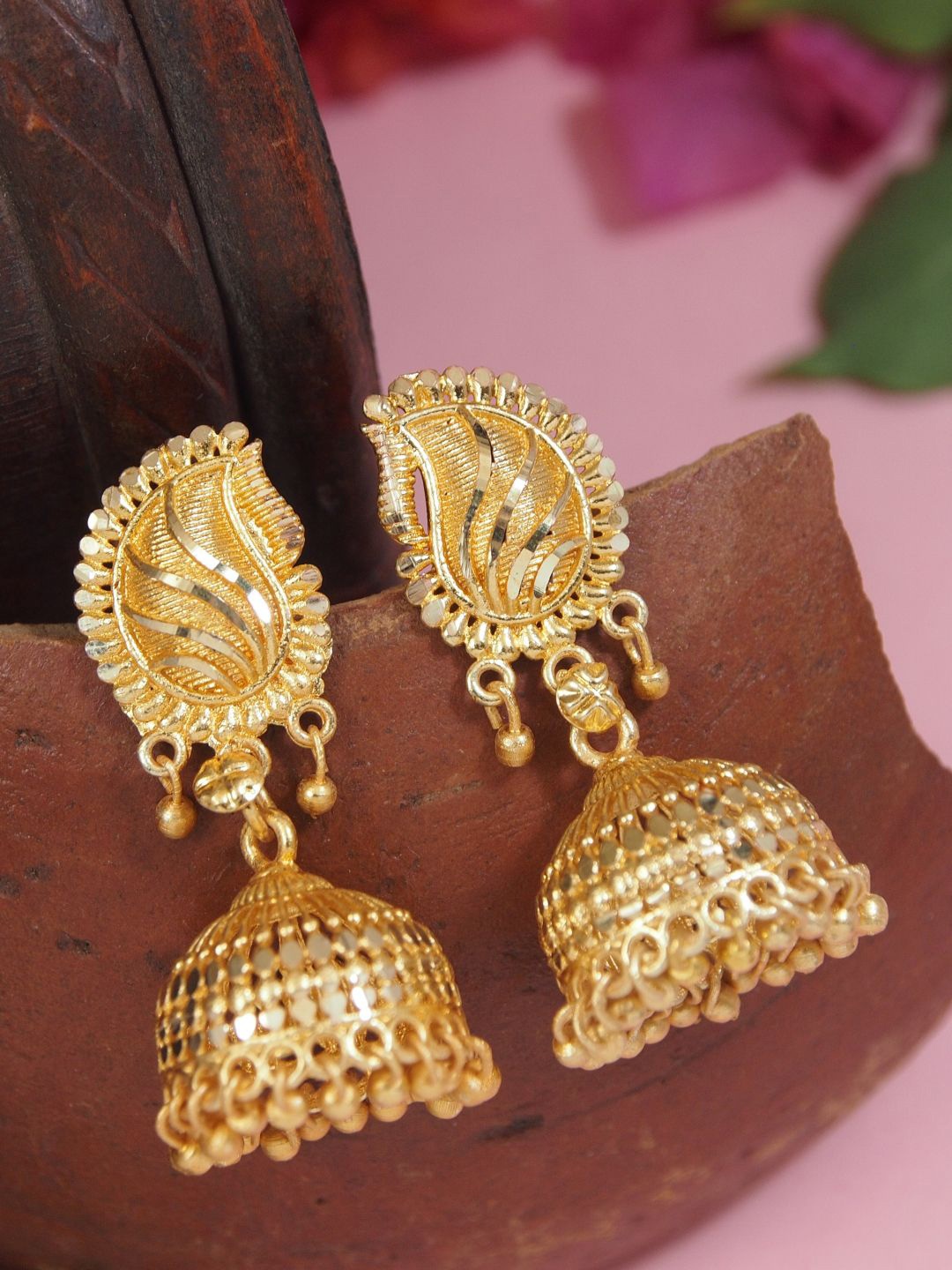 

I Jewels Gold-Plated Artificial Beaded Dome Shaped Jhumkas
